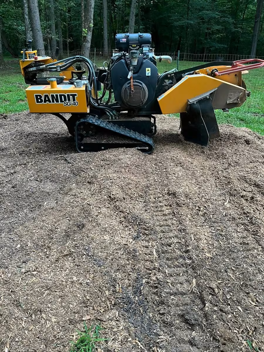 KCL Outdoors' Bandit SG-40 stump grinder on a pile of fresh grindings in a wooded Millington backyard