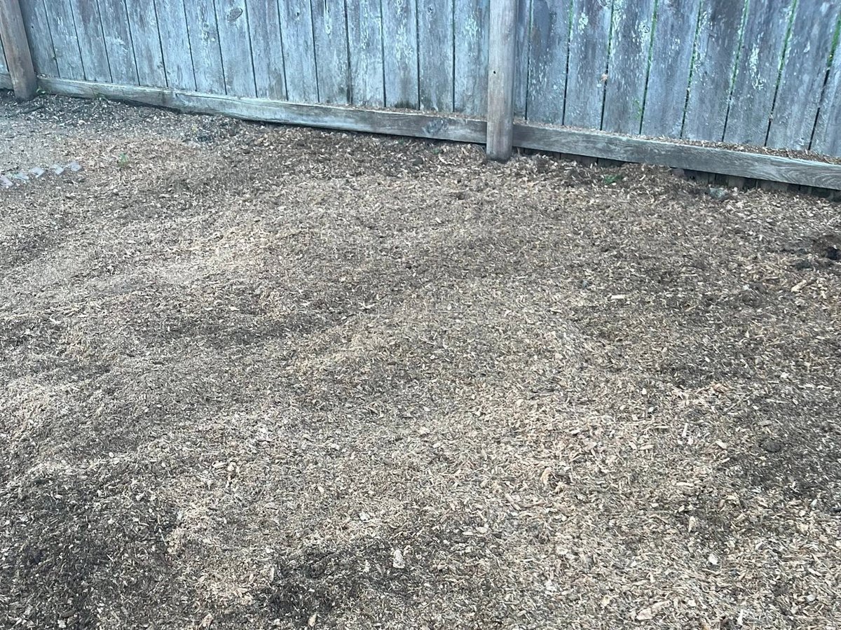 Fresh stump grindings raked level across a backyard along a weathered wooden privacy fence